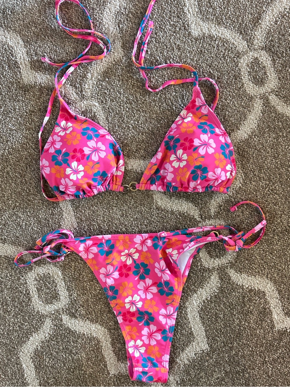 Pink Floral Triangle Bikini Tie Top Bottom Swimsuit